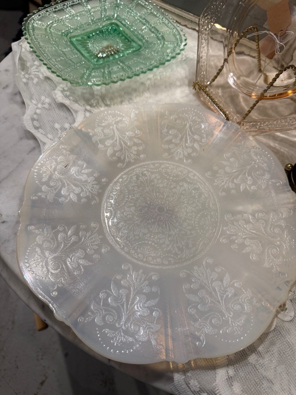 Vintage-Style White Embossed Glass Serving Plate - Brand Unspecified